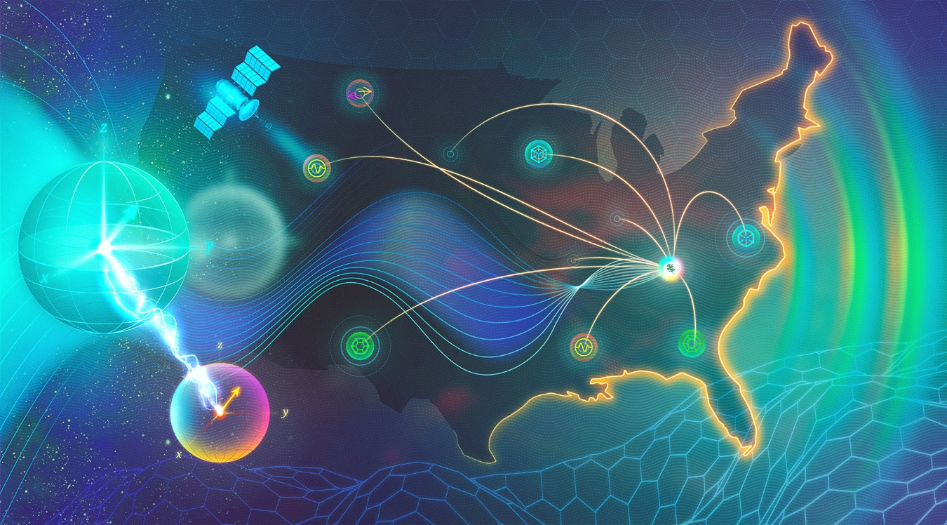 Colorful scientific illustration of quantum concepts overlaying a map of the United States