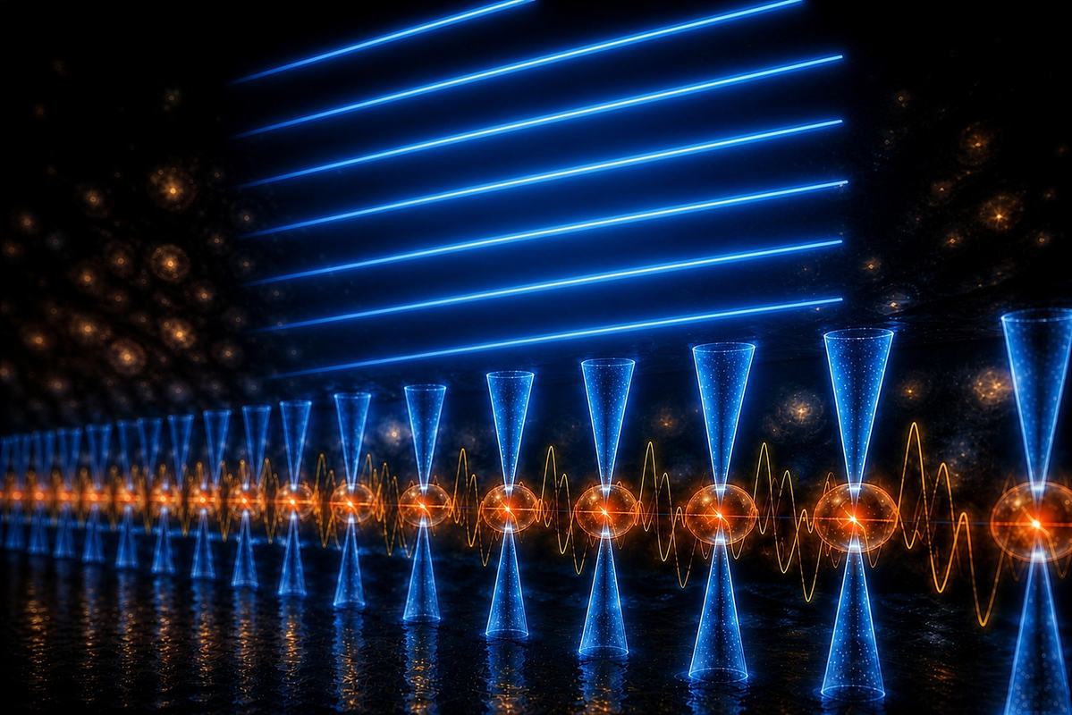 This AI image shows a chain of strontium atoms (orange), each held in an optical tweezer (blue cones). The chain sits within a modulated laser field. The evenly spaced lines above represent the ladder of excitation energies predicted by conformal field theory, whose rungs the team measured.